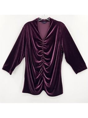 Lands’ End Purple Velvet Ruched V-Neck Blouse Top 1X/16W-18W